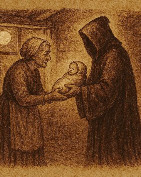 Parchment-style artwork of Mair receiving a baby from a hooded stranger, Welsh folktale scene.