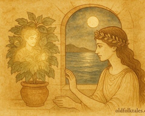 Parchment-style artwork of a Greek princess with her basil plant under moonlight, Chios folktale scene.