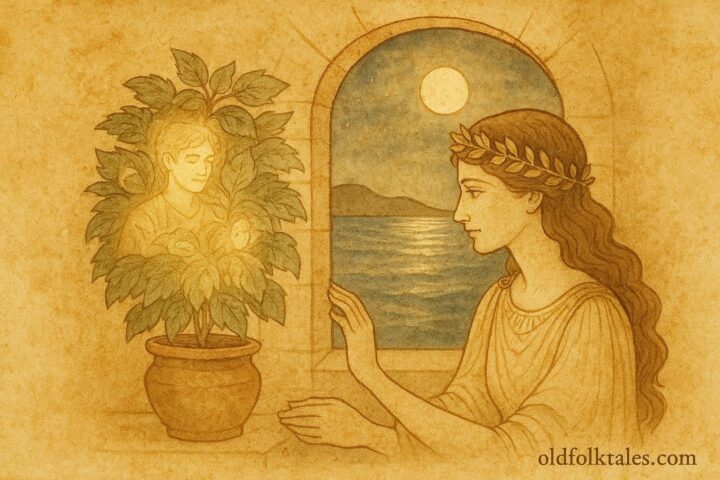 Parchment-style artwork of a Greek princess with her basil plant under moonlight, Chios folktale scene.
