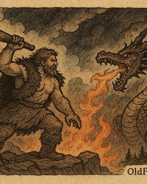 A style illustration of the Bear’s Son fighting the Dragon of the Black Mountain, Serbian folktale scene.