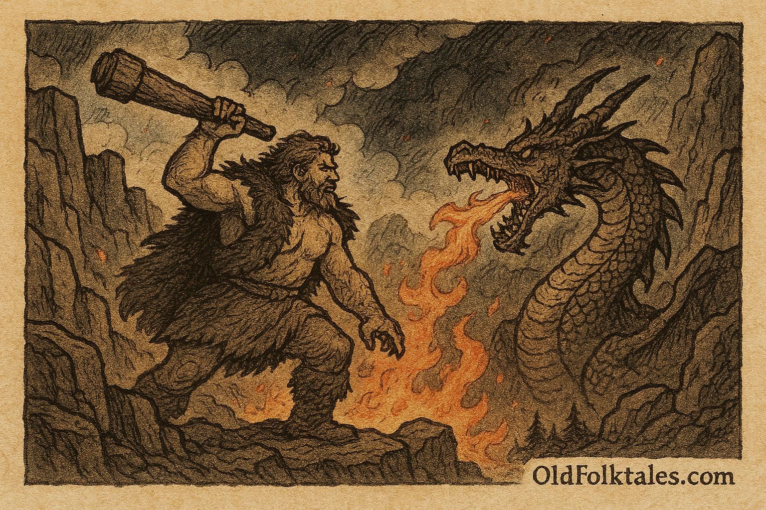 A style illustration of the Bear’s Son fighting the Dragon of the Black Mountain, Serbian folktale scene.