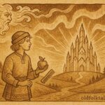 Parchment-style artwork of Swedish youth before glowing palace under northern lights, Swedish folktale scene.