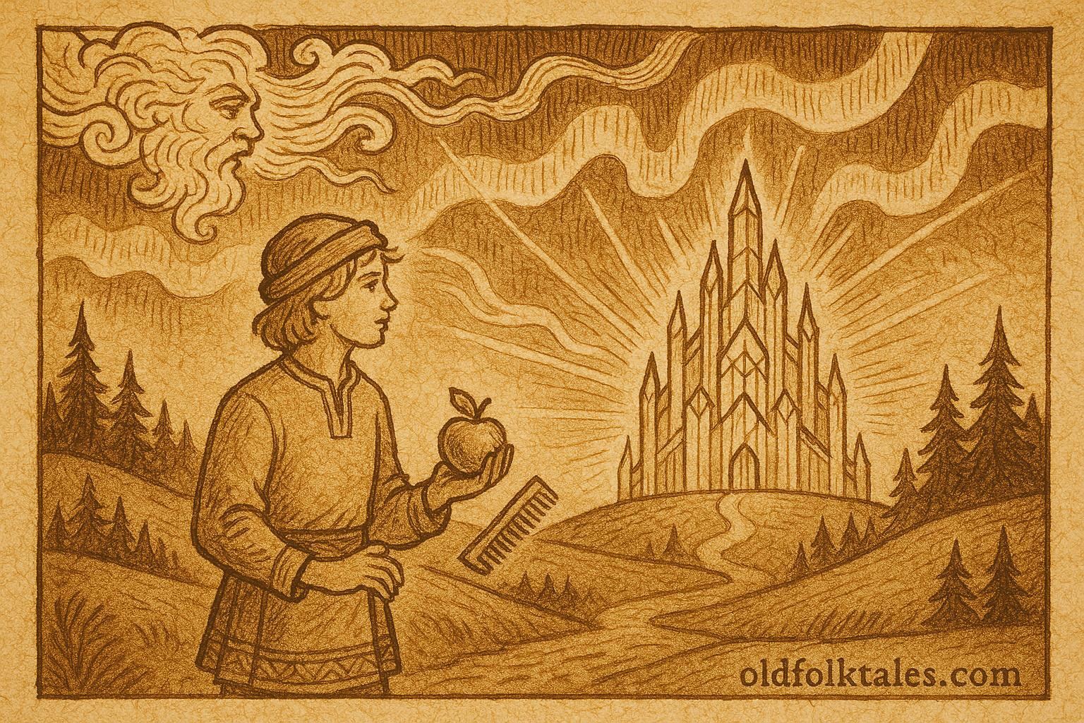 Parchment-style artwork of Swedish youth before glowing palace under northern lights, Swedish folktale scene.