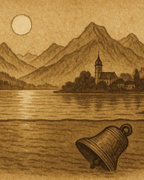 Parchment-style illustration of a glowing bell beneath Lake Lucerne under moonlight, Swiss folktale scene.