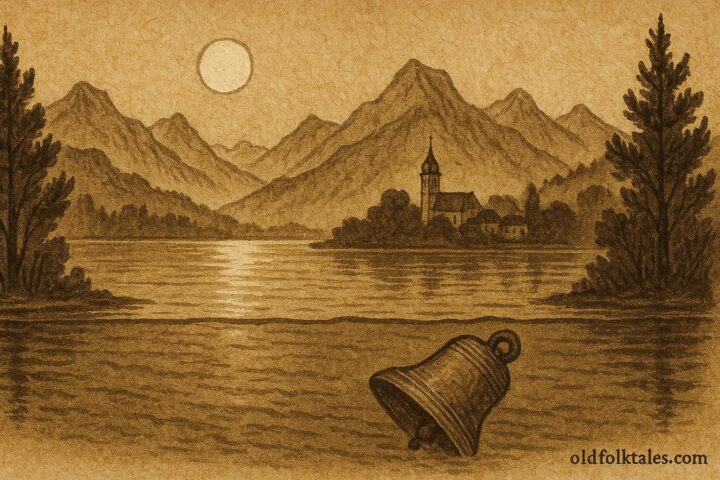 Parchment-style illustration of a glowing bell beneath Lake Lucerne under moonlight, Swiss folktale scene.