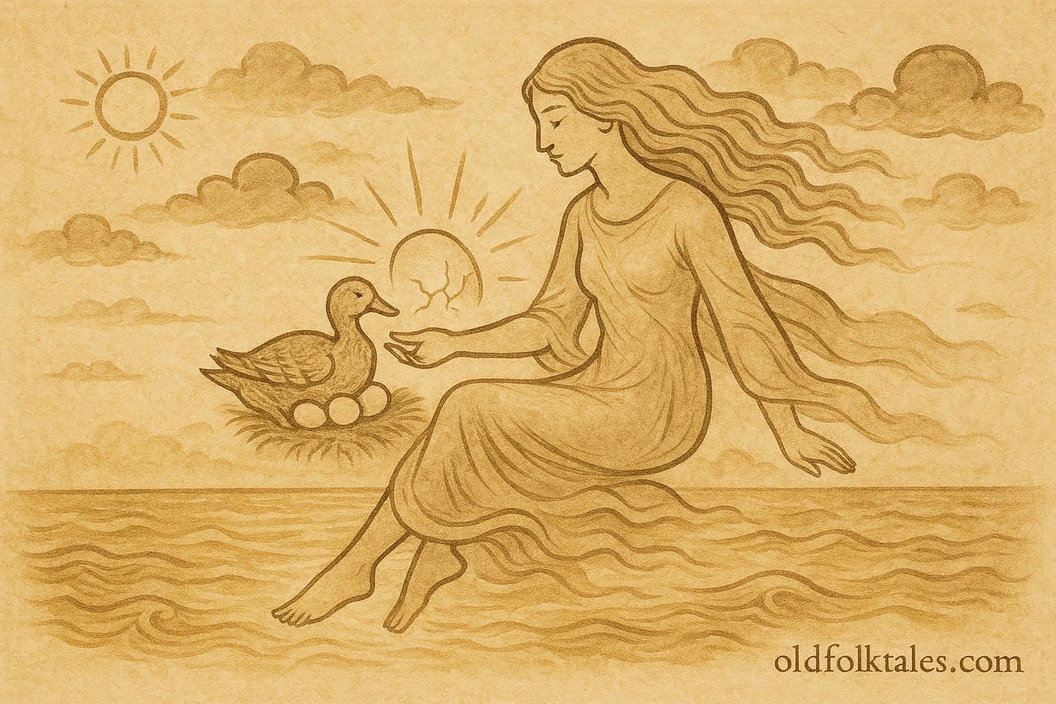 Parchment-style artwork of Ilmatar and the duck forming the world from cosmic eggs, Finnish folktale.