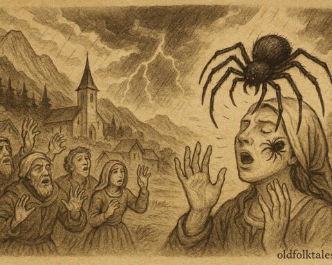 Parchment-style artwork of a Swiss woman cursed as a black spider emerges, Emmental folktale scene.