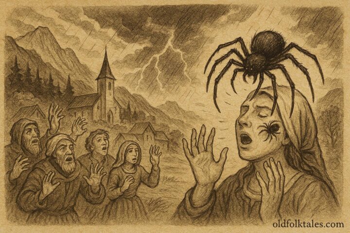 Parchment-style artwork of a Swiss woman cursed as a black spider emerges, Emmental folktale scene.