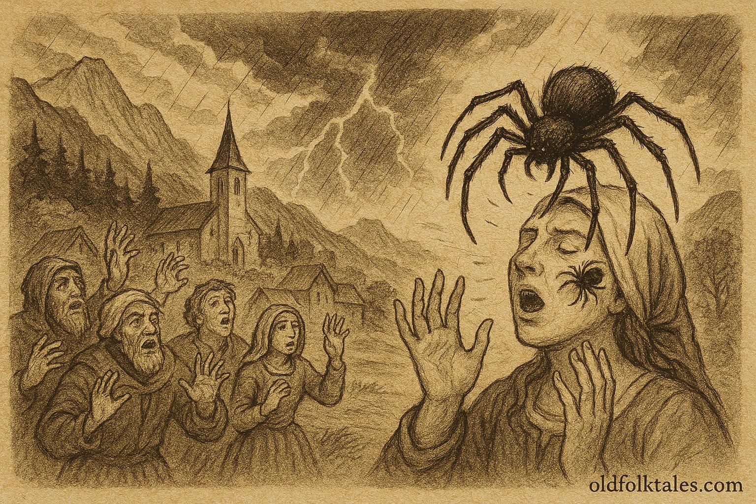 Parchment-style artwork of a Swiss woman cursed as a black spider emerges, Emmental folktale scene.