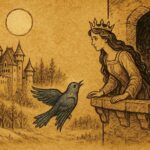 Parchment-style artwork of Princess Florine speaking with the Blue Bird at her tower window, French folktale scene.