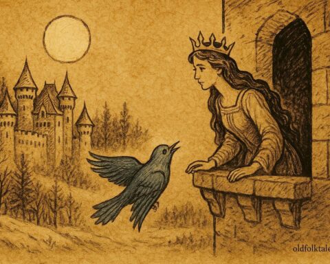 Parchment-style artwork of Princess Florine speaking with the Blue Bird at her tower window, French folktale scene.