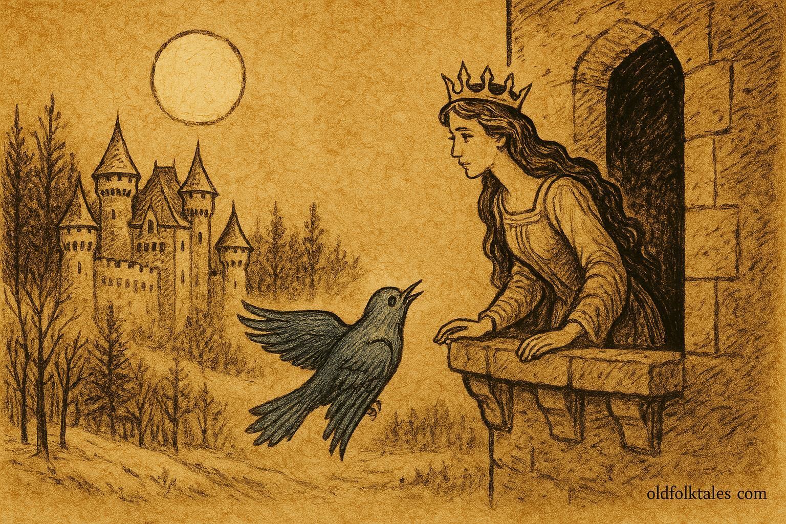 Parchment-style artwork of Princess Florine speaking with the Blue Bird at her tower window, French folktale scene.