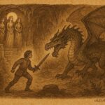 An illustration of János confronting dragon with three princesses, Hungarian folktale scene.