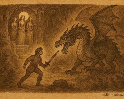 An illustration of János confronting dragon with three princesses, Hungarian folktale scene.