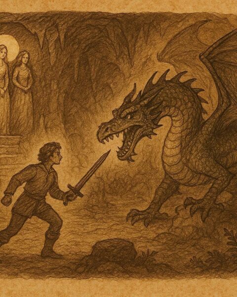 An illustration of János confronting dragon with three princesses, Hungarian folktale scene.