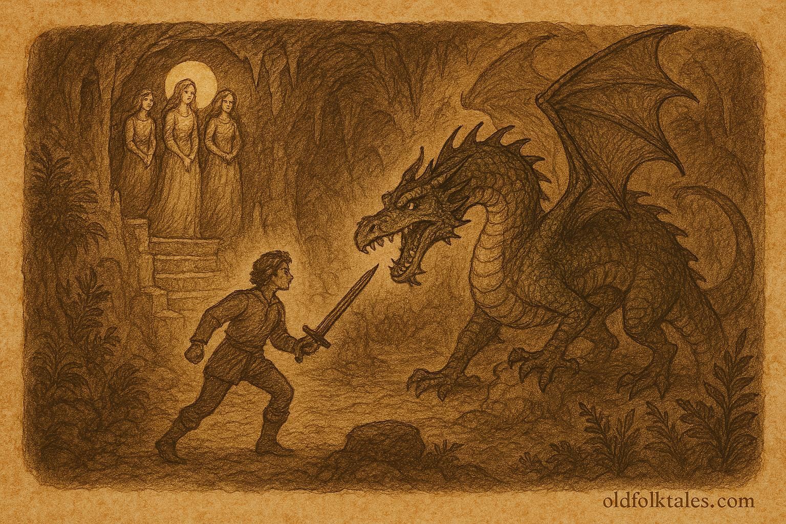 An illustration of János confronting dragon with three princesses, Hungarian folktale scene.