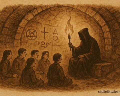 An artwork of the Devil teaching seven students in a Spanish cave, from a Salamanca folktale.