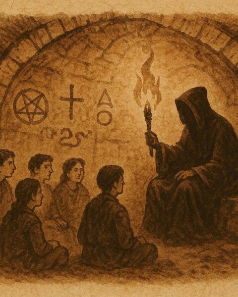 An artwork of the Devil teaching seven students in a Spanish cave, from a Salamanca folktale.