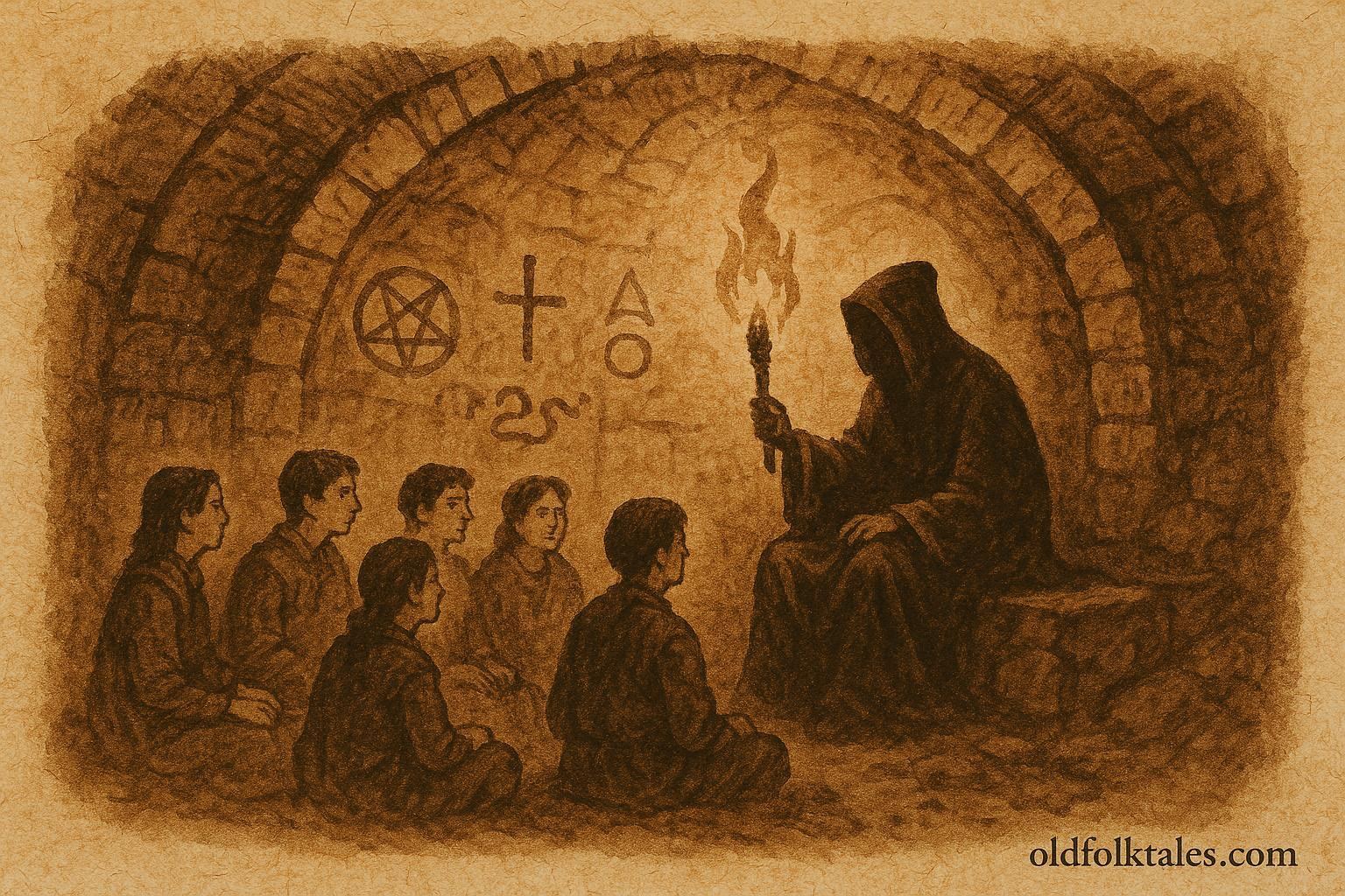 An artwork of the Devil teaching seven students in a Spanish cave, from a Salamanca folktale.