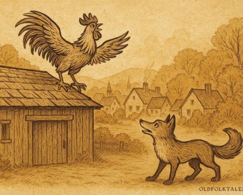Parchment-style illustration of the clever cock escaping the sly fox, Belgian folktale scene.