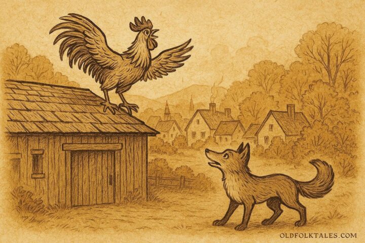 Parchment-style illustration of the clever cock escaping the sly fox, Belgian folktale scene.