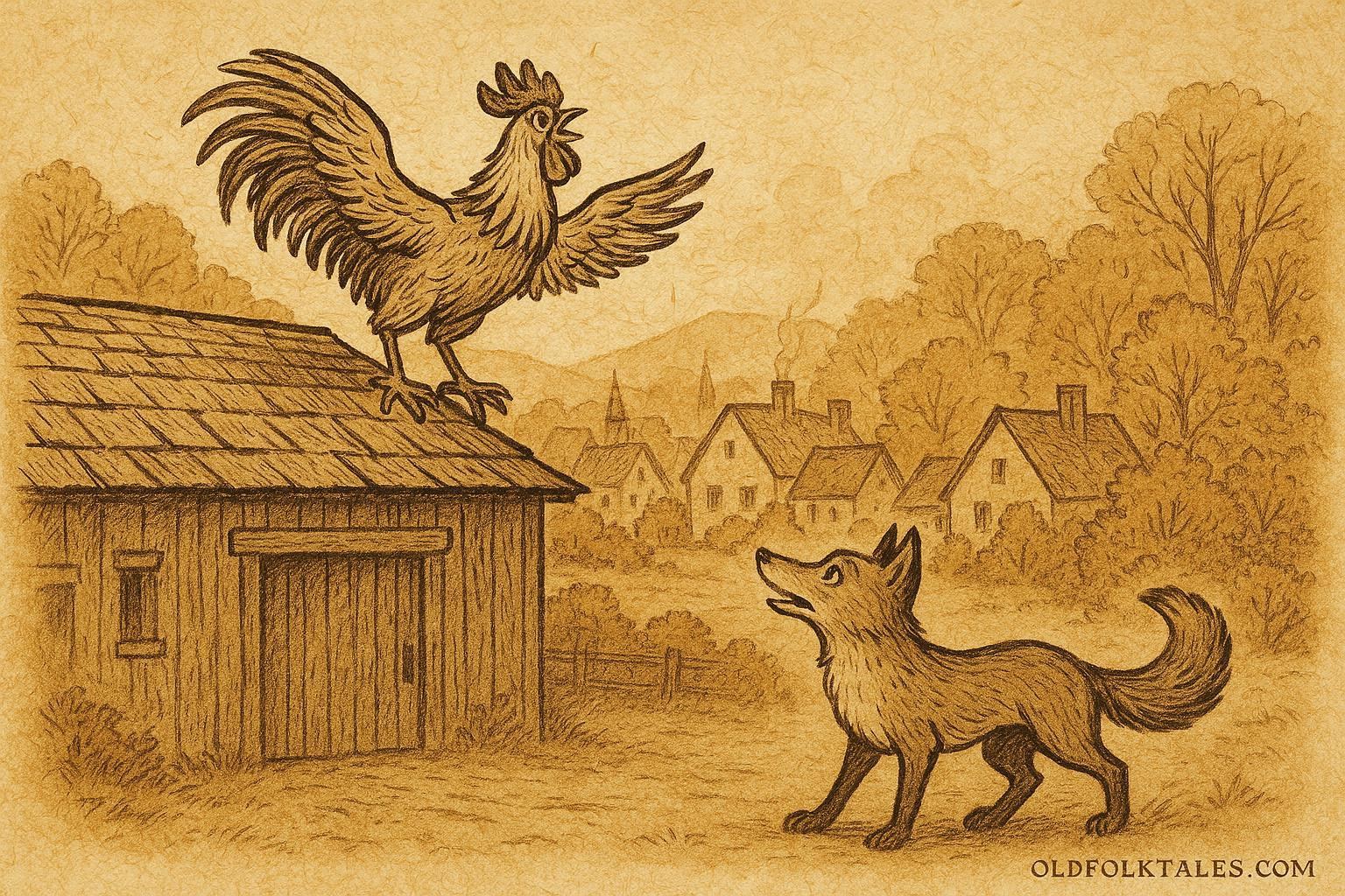 Parchment-style illustration of the clever cock escaping the sly fox, Belgian folktale scene.