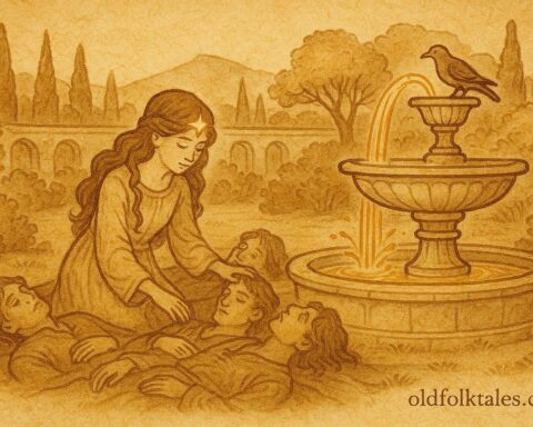 An artwork of Tuscan princess with star brow reviving brothers before the Speaking Bird, Italian folktale scene.