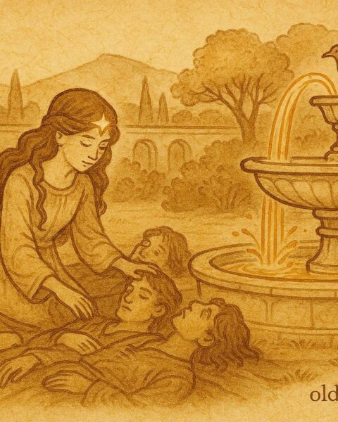 An artwork of Tuscan princess with star brow reviving brothers before the Speaking Bird, Italian folktale scene.