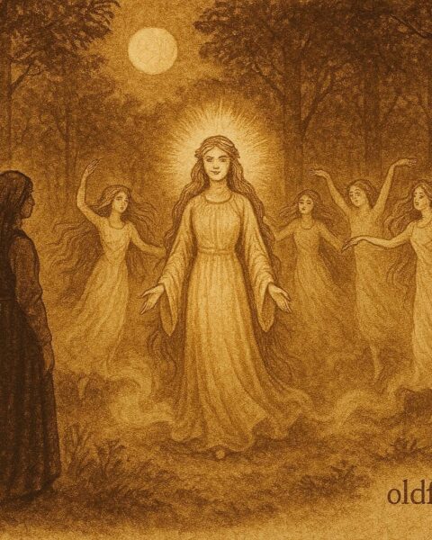 An artwork of a mortal girl meeting the vila spirits in a moonlit Croatian forest.”