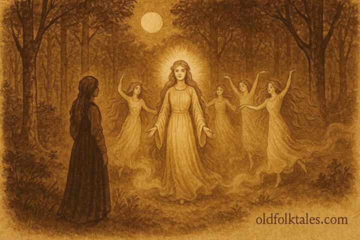 An artwork of a mortal girl meeting the vila spirits in a moonlit Croatian forest.”