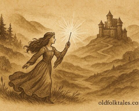Parchment-style illustration of Scottish princess seeking her sky-born husband in misty Highlands.
