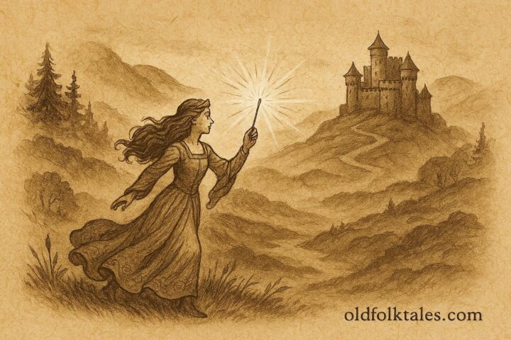 Parchment-style illustration of Scottish princess seeking her sky-born husband in misty Highlands.