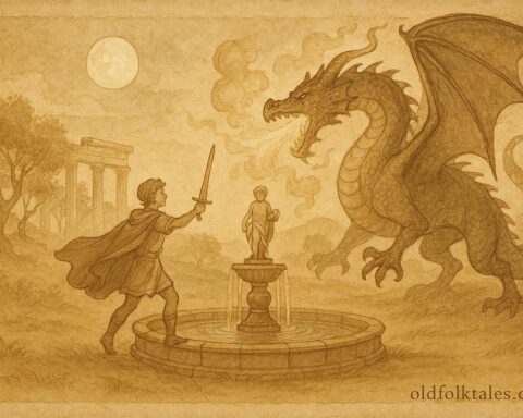 Parchment-style artwork of a young Greek prince fighting a dragon near a moonlit fountain, Thessalian folktale scene.