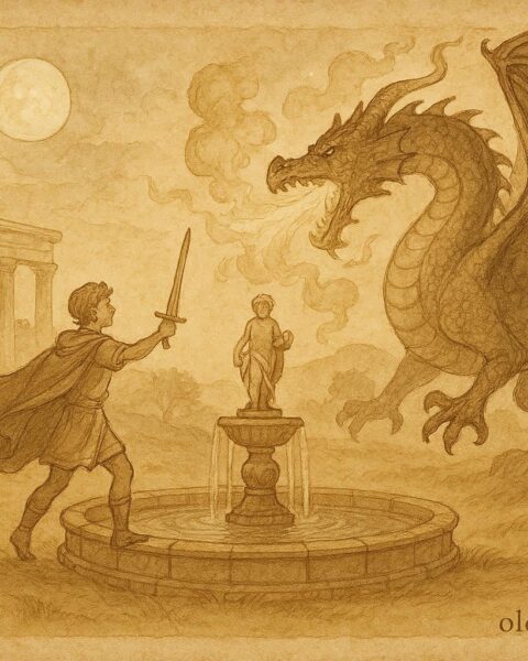 Parchment-style artwork of a young Greek prince fighting a dragon near a moonlit fountain, Thessalian folktale scene.