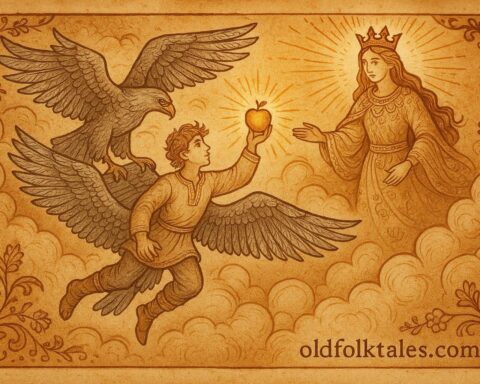 An artwork of the youngest brother carried by eagles toward the Queen of the Air, Polish folktale scene.