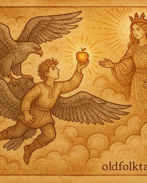 An artwork of the youngest brother carried by eagles toward the Queen of the Air, Polish folktale scene.