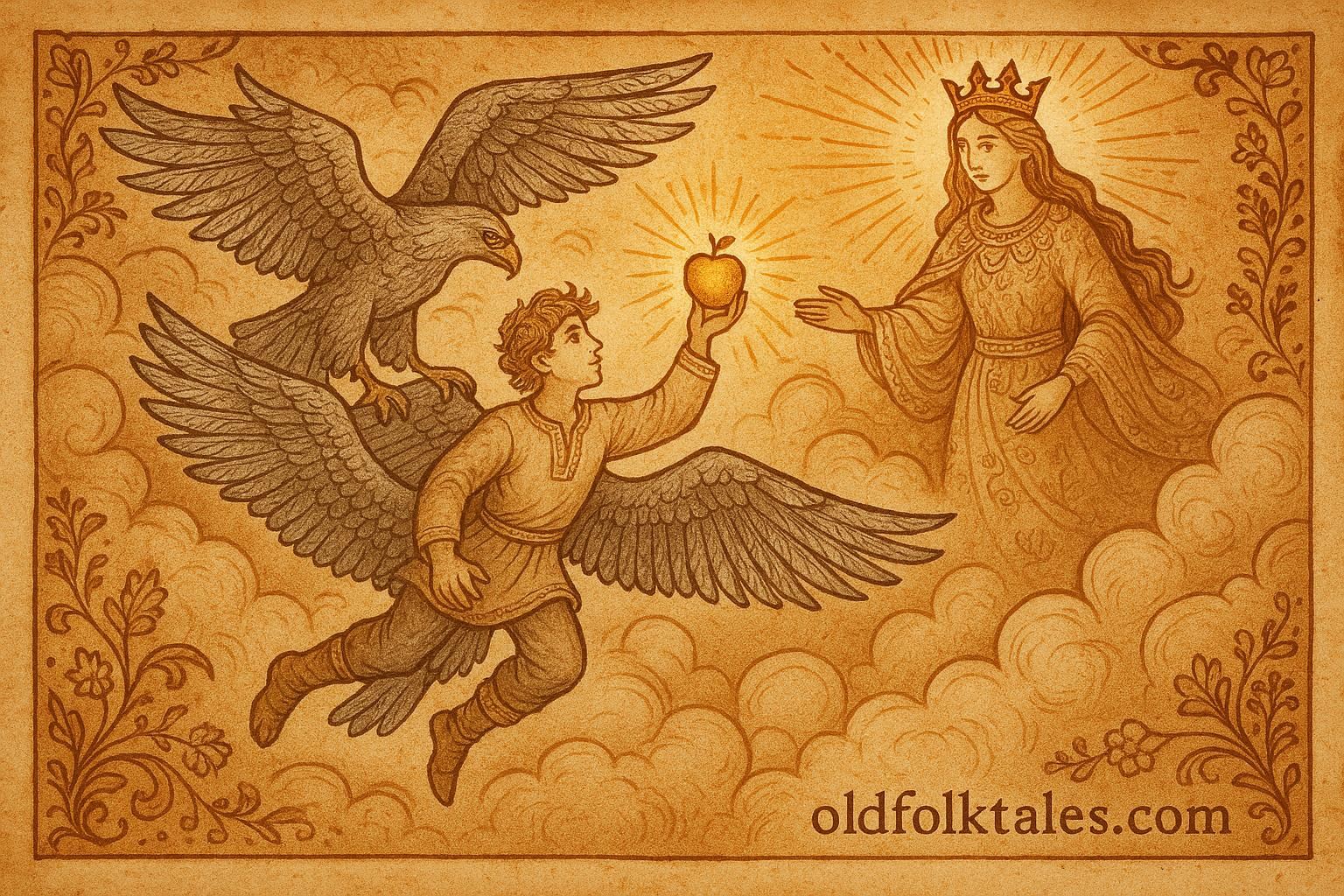 An artwork of the youngest brother carried by eagles toward the Queen of the Air, Polish folktale scene.