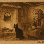 An artwork of a black cat and old woman in a Hungarian cottage, fairy tale scene.
