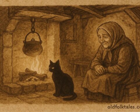 An artwork of a black cat and old woman in a Hungarian cottage, fairy tale scene.