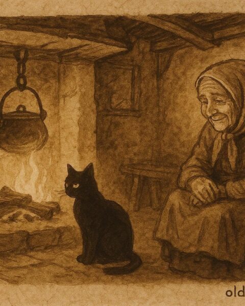 An artwork of a black cat and old woman in a Hungarian cottage, fairy tale scene.