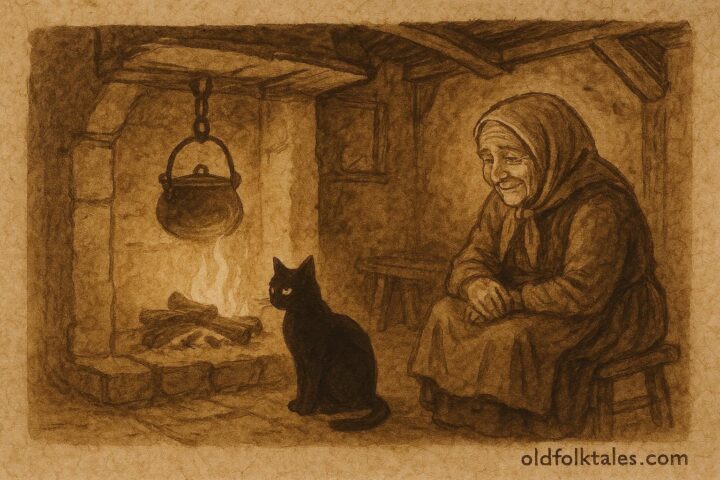 An artwork of a black cat and old woman in a Hungarian cottage, fairy tale scene.