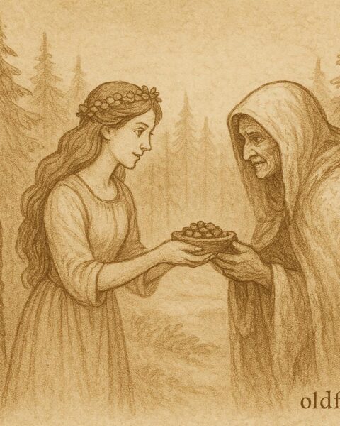 Parchment-style artwork of two Swedish maidens meeting an old woman in a pine forest, Småland folktale scene.