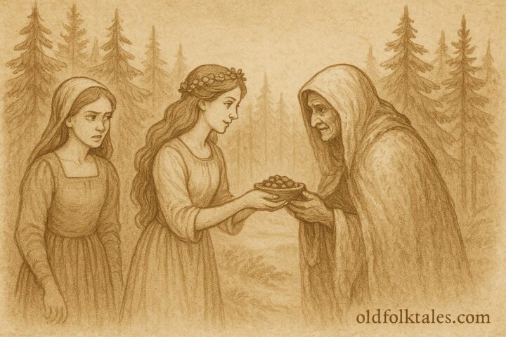 Parchment-style artwork of two Swedish maidens meeting an old woman in a pine forest, Småland folktale scene.