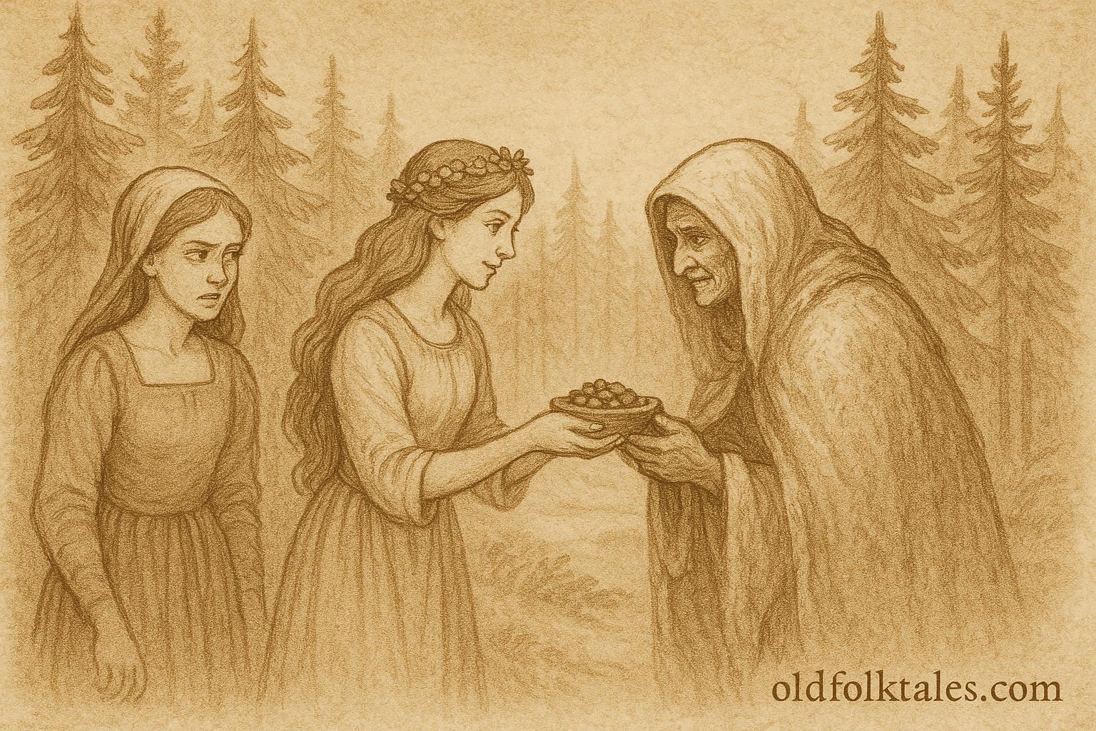 Parchment-style artwork of two Swedish maidens meeting an old woman in a pine forest, Småland folktale scene.