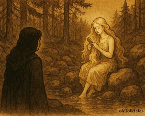 An illustration of Elvira and golden-haired xana at Asturian spring, Spanish folktale scene.