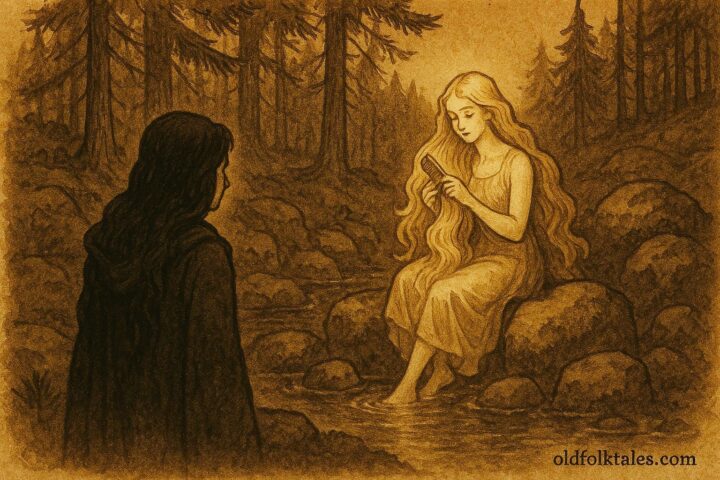An illustration of Elvira and golden-haired xana at Asturian spring, Spanish folktale scene.