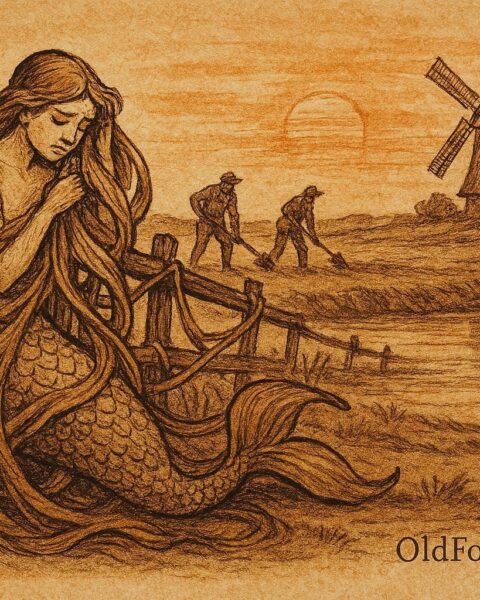 An illustrative artwork of the Entangled Mermaid caught in a fence near a Dutch windmill, Dutch folktale scene.