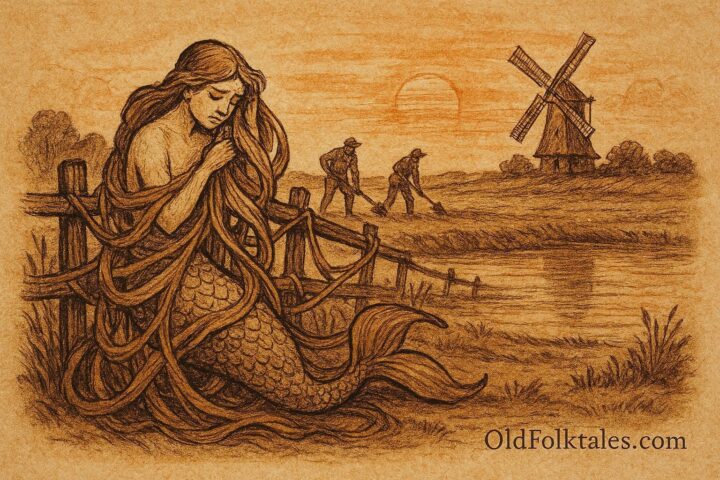 An illustrative artwork of the Entangled Mermaid caught in a fence near a Dutch windmill, Dutch folktale scene.