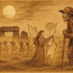 Parchment-style artwork of Welsh farmer meeting fairies under moonlight, Fairy Queen offering cloak, Welsh folktale scene.