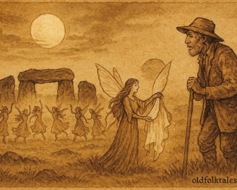 Parchment-style artwork of Welsh farmer meeting fairies under moonlight, Fairy Queen offering cloak, Welsh folktale scene.
